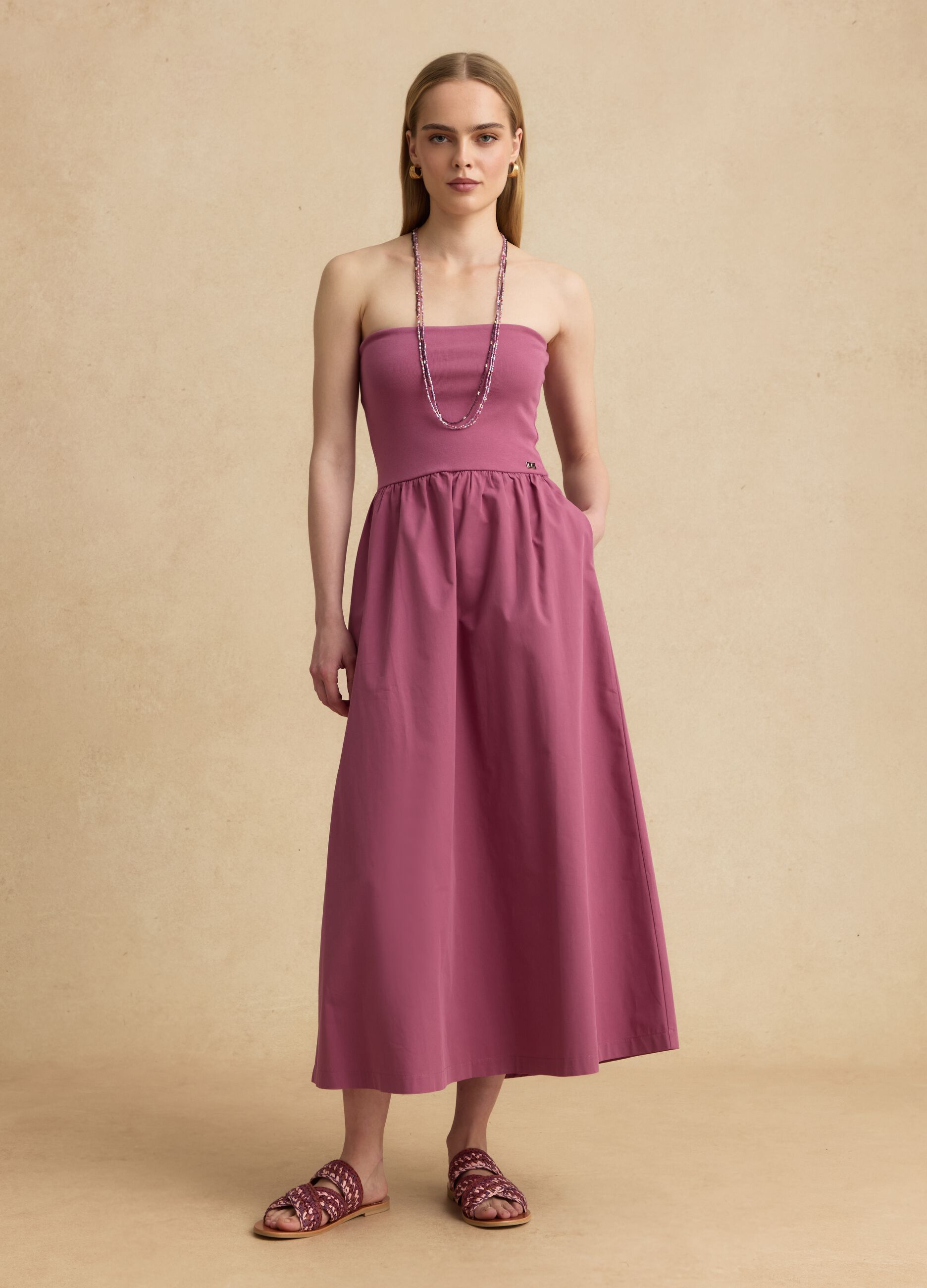 Robe longue rose en coton stretch, coupe regular, sans bretelles