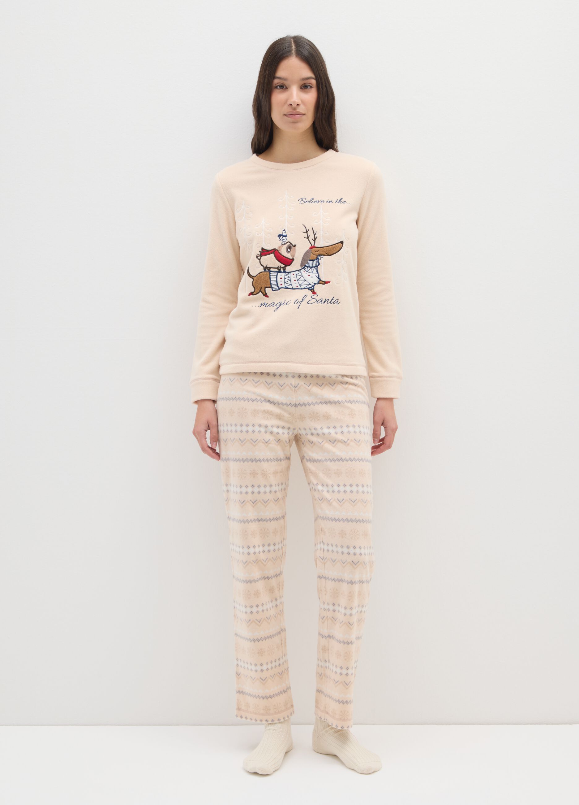 Beige fleece Christmas pyjamas, regular fit with print