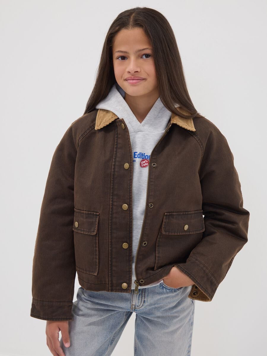 Brown cotton-blend jacket with contrast collar for girls_0