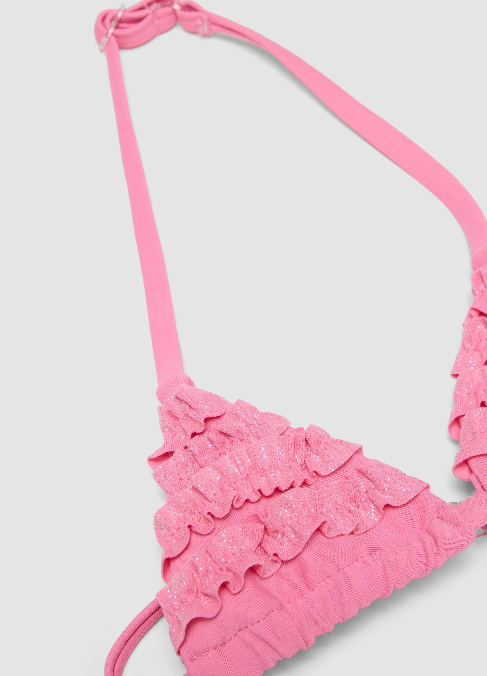 Pink triangle bikini in stretch fabric with frills