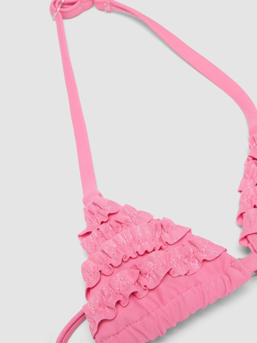 Pink triangle bikini in stretch fabric with frills_2