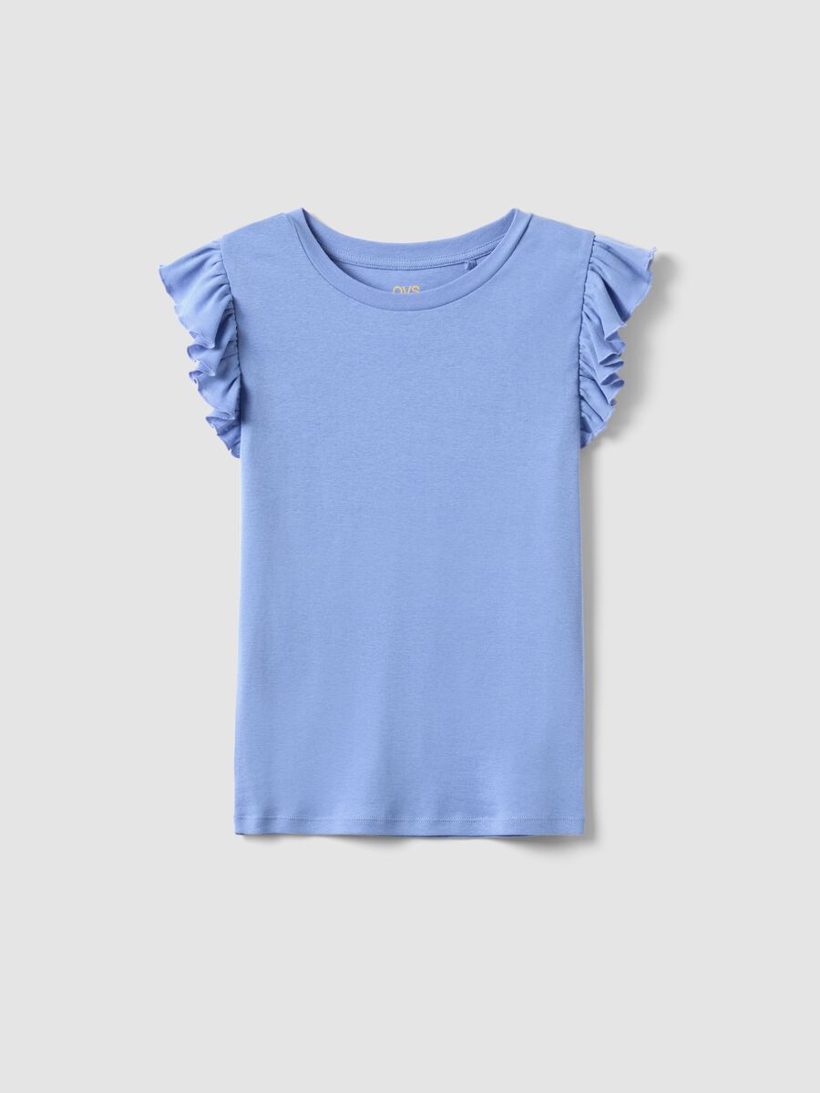 Sky blue slim fit pure cotton T-shirt with ruffles_4