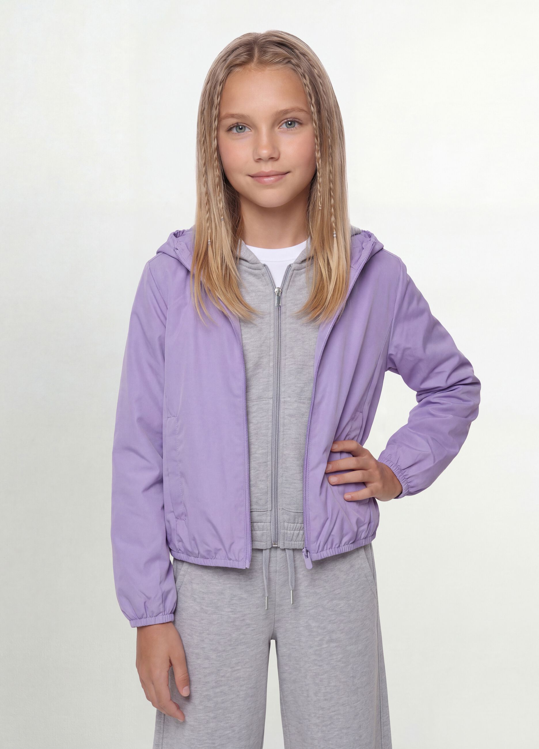 Violette Regenjacke mit Kapuze und Reissverschluss f&uuml;r M&auml;dchen