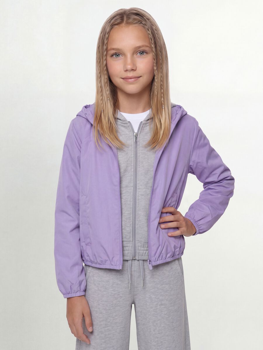Purple hooded rain jacket with zip for girls_1