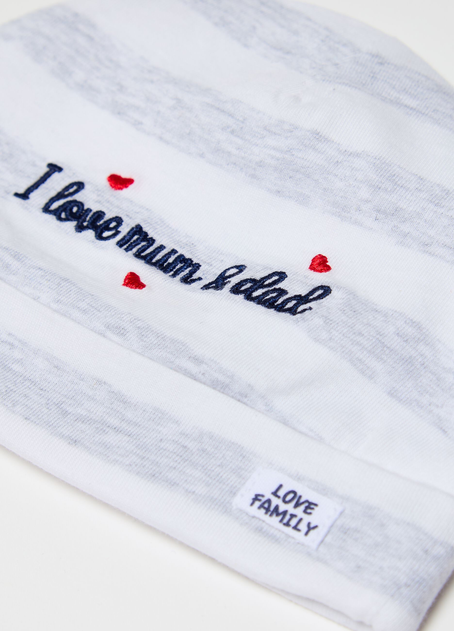 Organic cotton hat with I Love Mum & Dad embroidery
