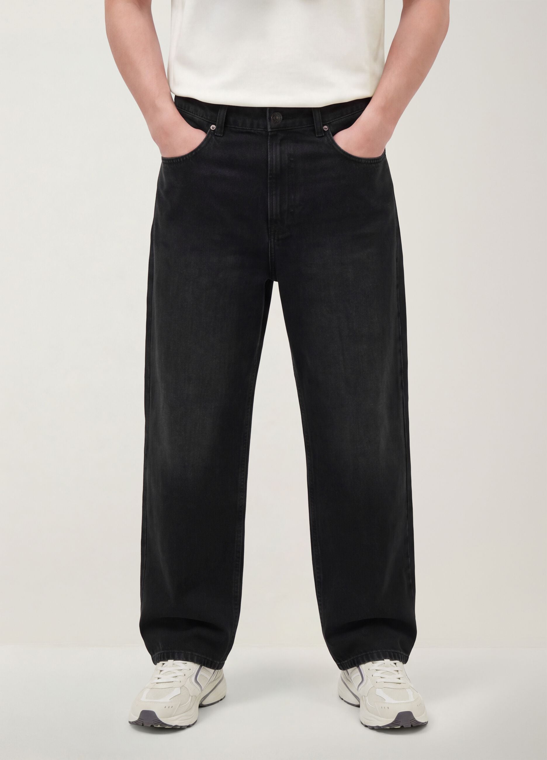 Black cotton denim wide-leg jeans