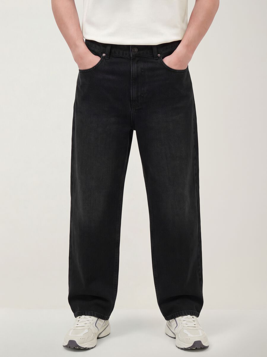 Black cotton denim wide-leg jeans_1