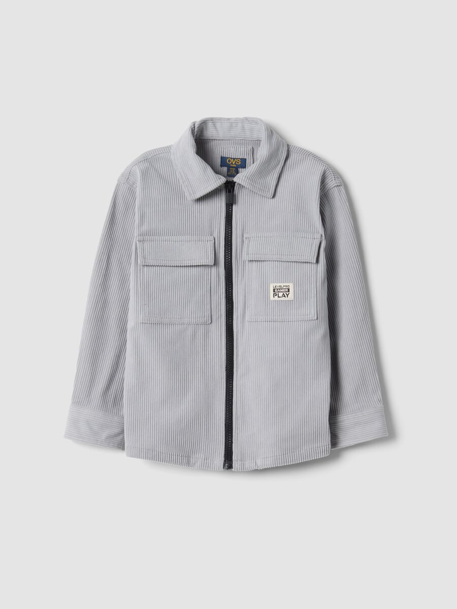 Camicia grigia a coste con zip e colletto classico over fit_0