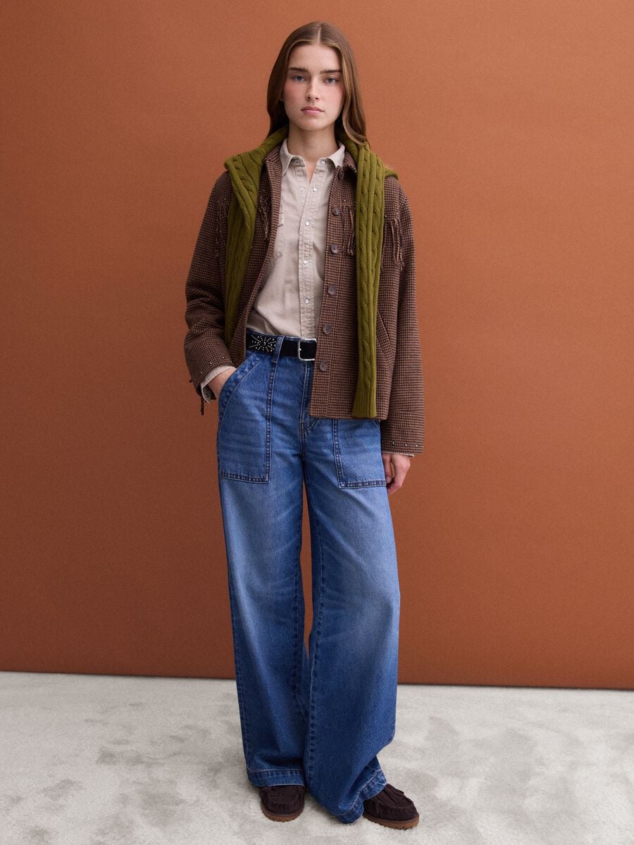 Blazer marrone in misto lana e viscosa con frange applicate_1