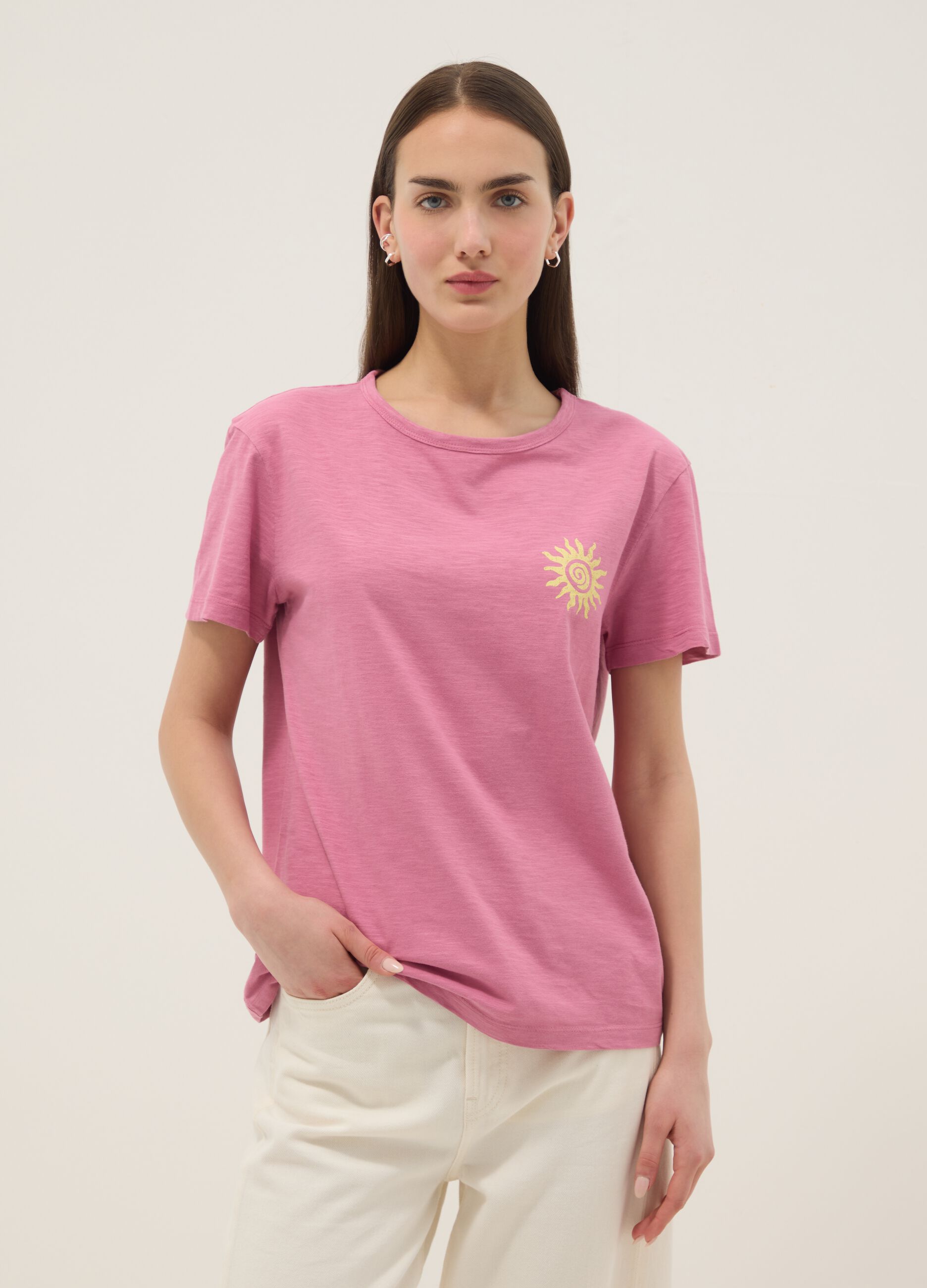 Rosa T-Shirt aus reiner Baumwolle im Relaxed Fit mit Sonnenprint