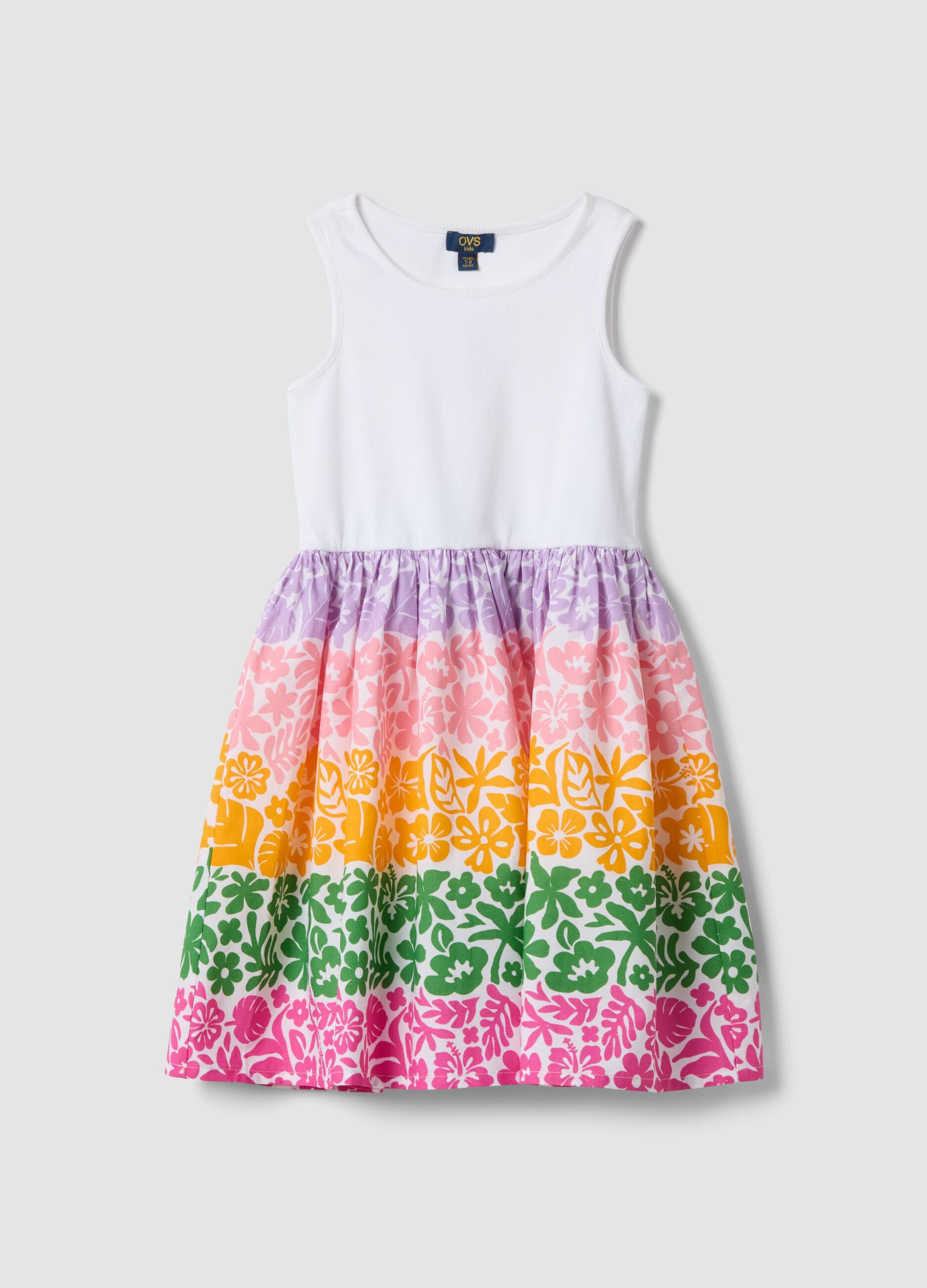 White stretch cotton dress with patterned skirt