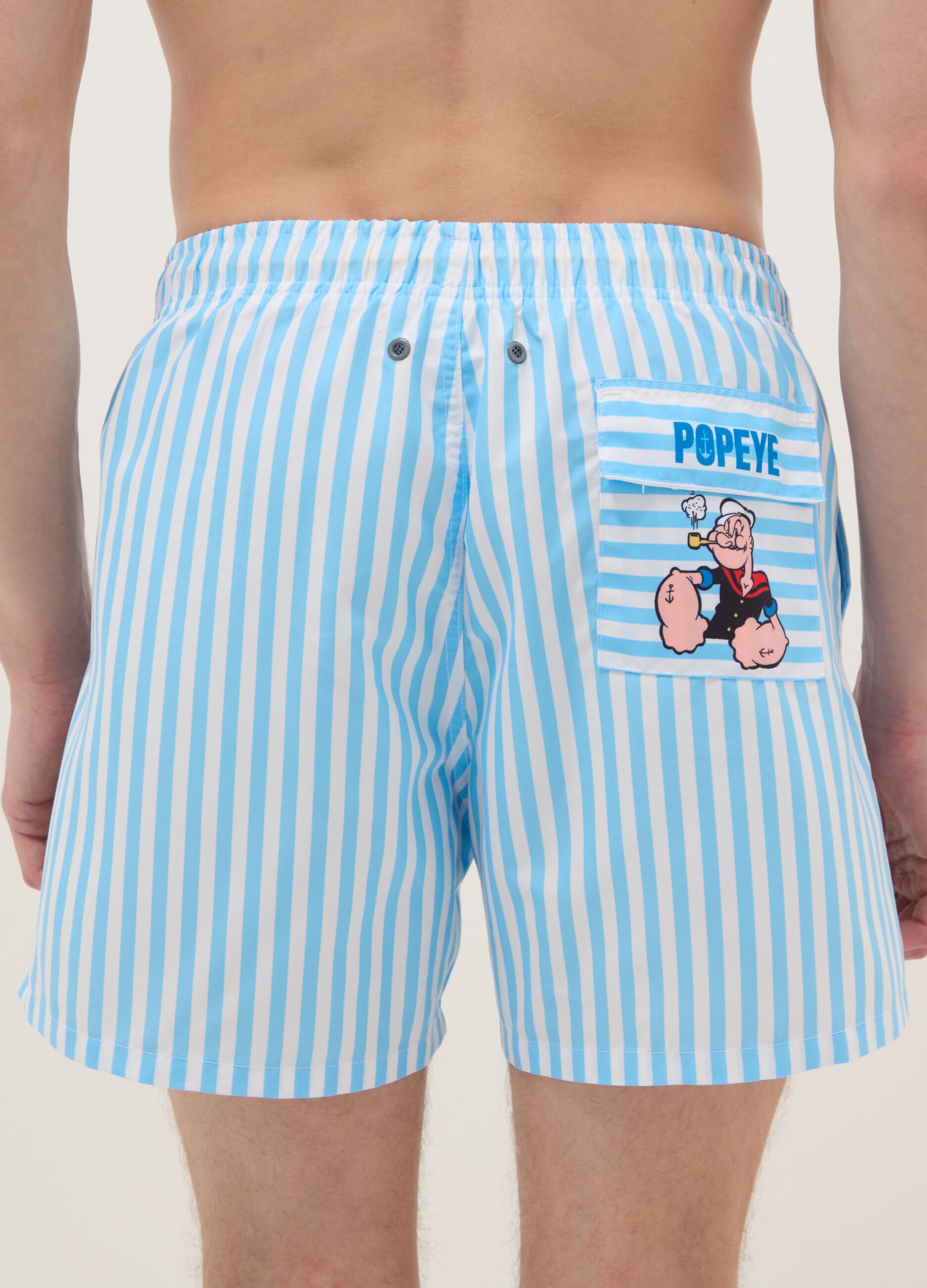 Mehrfarbig gestreifte Badehose mit Popeye-Motiv