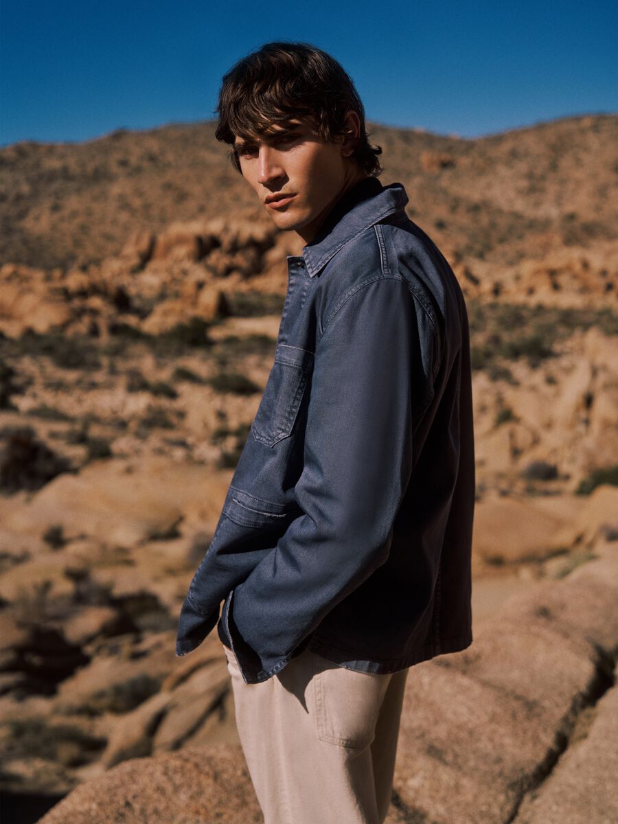 Regular fit blue stretch cotton jacket with collar and buttons_0