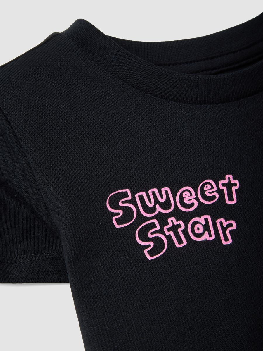 Girls' Regular Fit Black Pure Cotton T-Shirt with Stars_2
