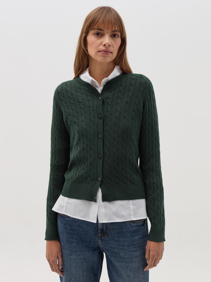 Ribbed cardigan with cable-knit design_0