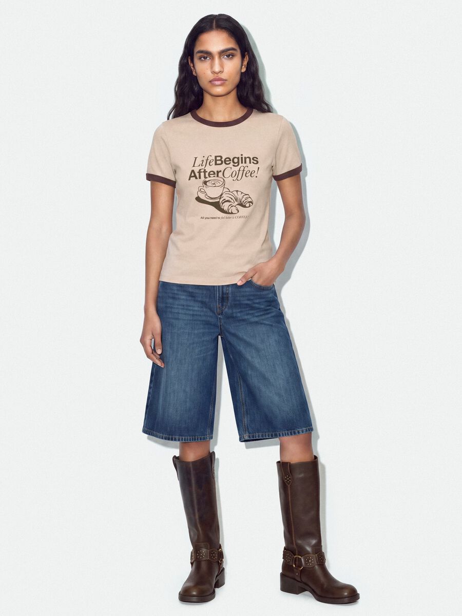 Pink cotton T-shirt with front graphic print and contrast trims_1