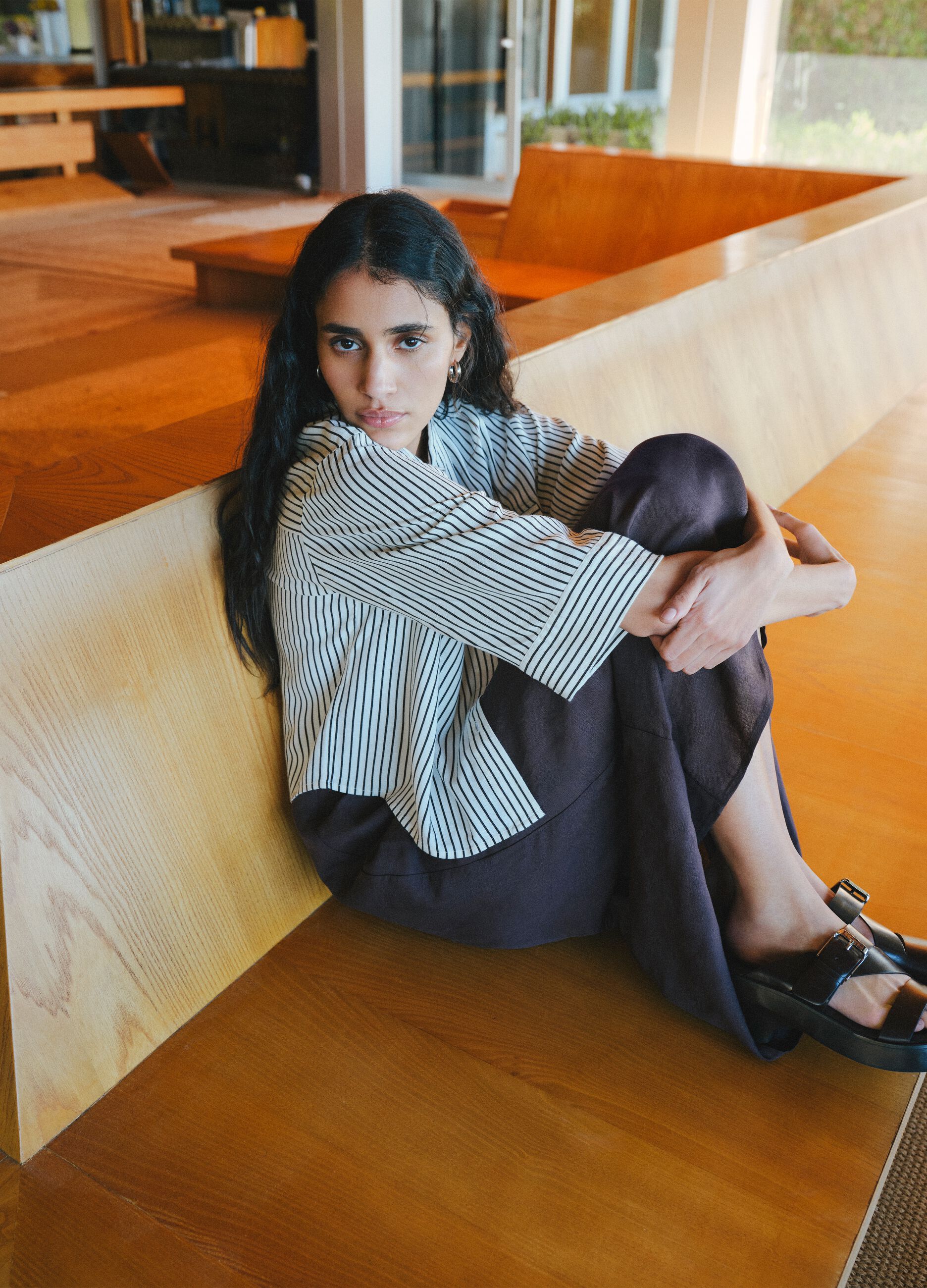 Regular-fit white and brown striped viscose-linen blend shirt