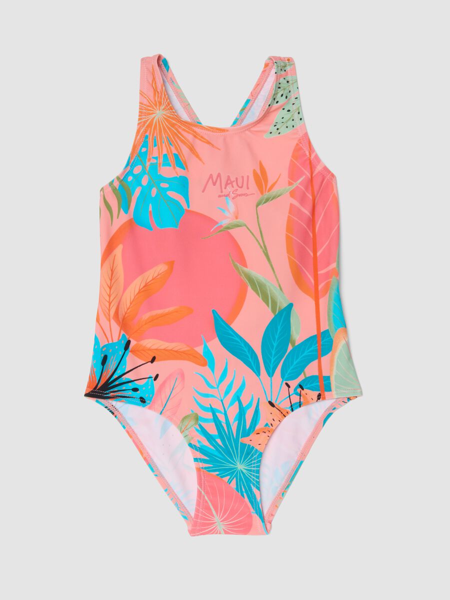 Pink tropical print girls&rsquo; swimsuit_0