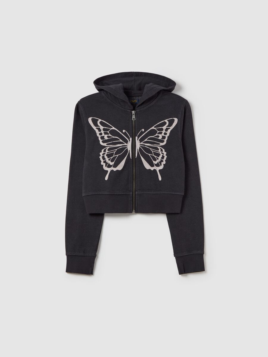 Full-zip sweatshirt with hood and butterfly print_0