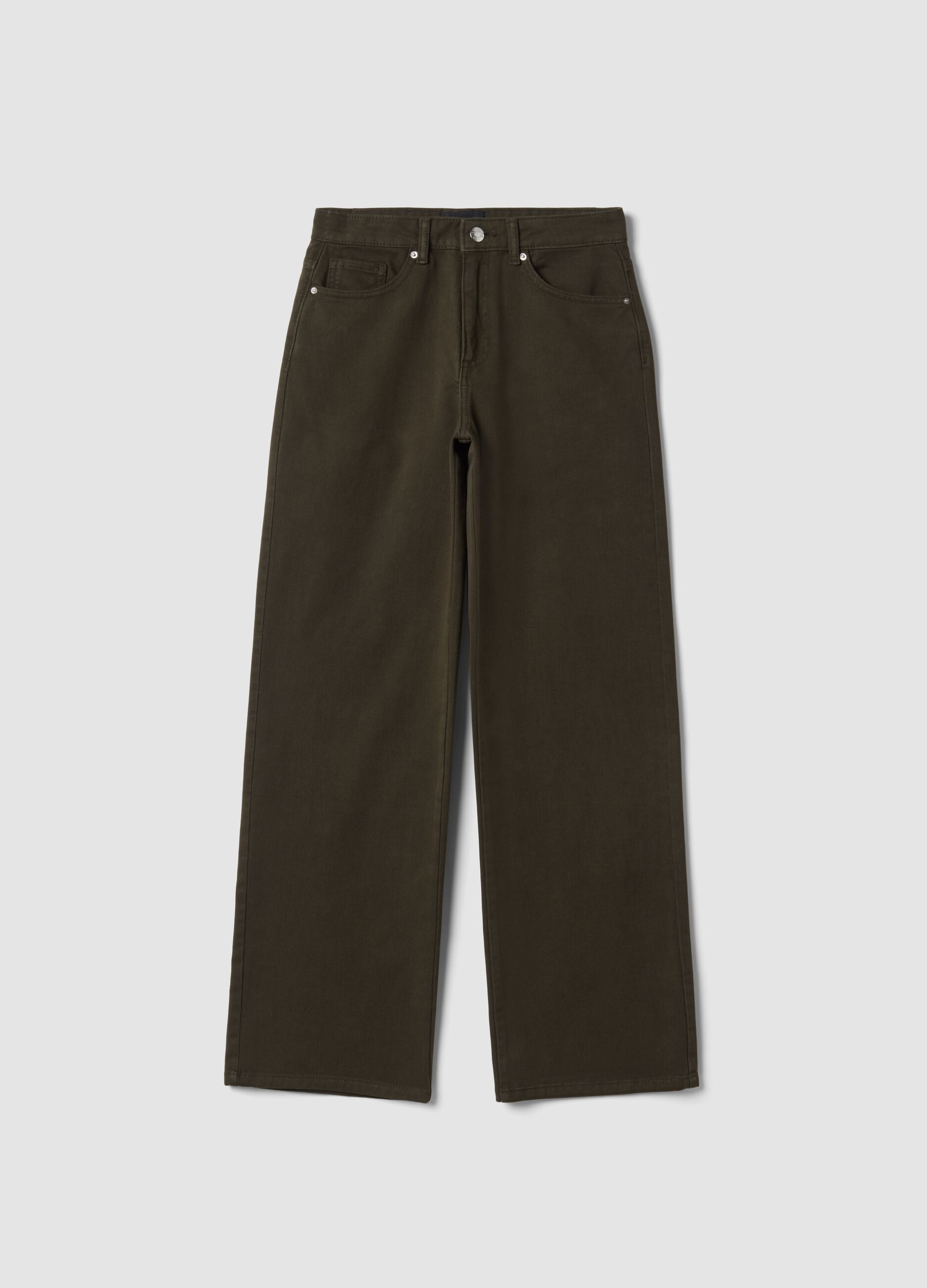 Jeans castanhos wide leg em algod&atilde;o puro