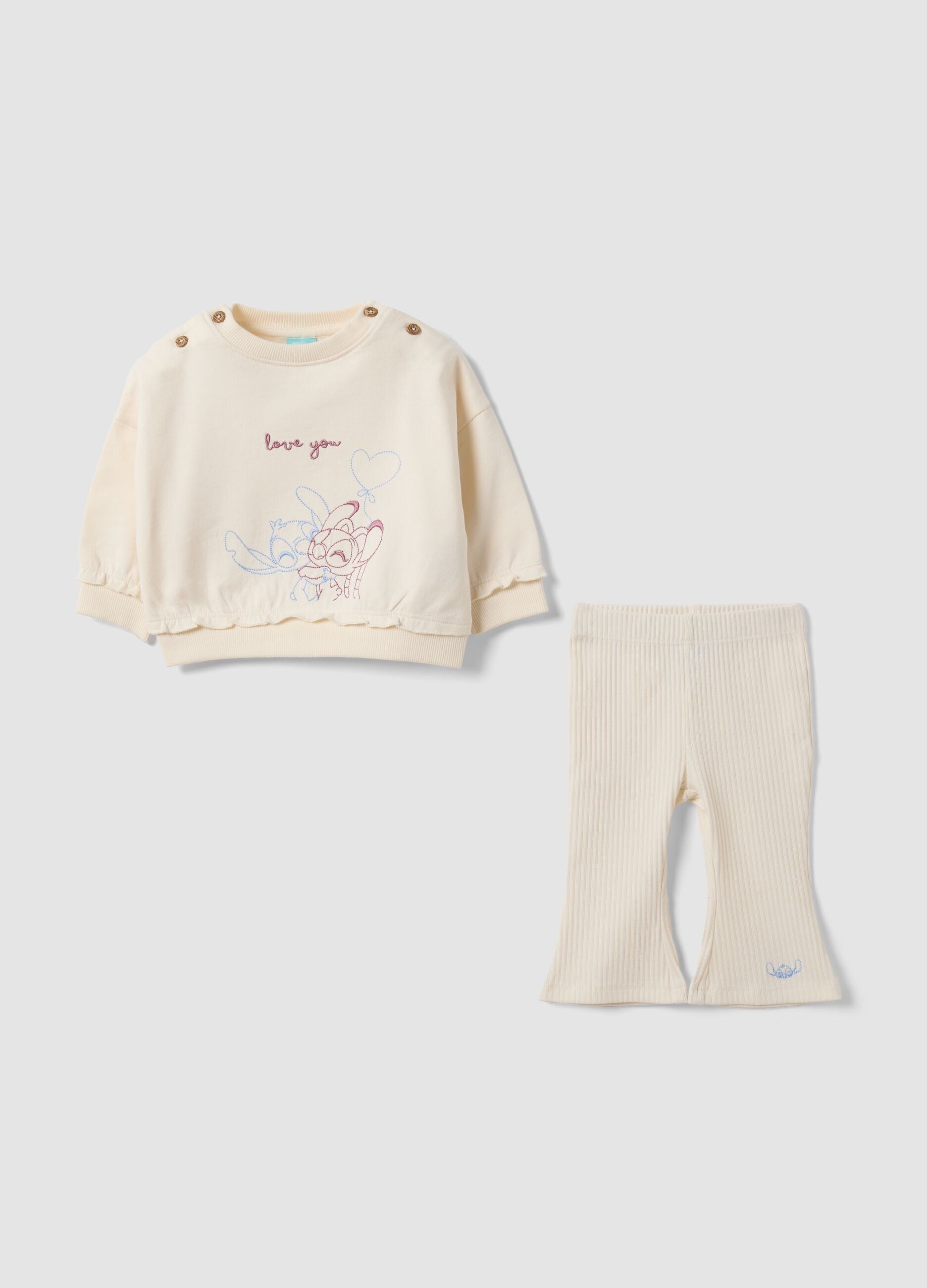 Completo beige in puro cotone organico con stampa Lilo e Stitch per neonata