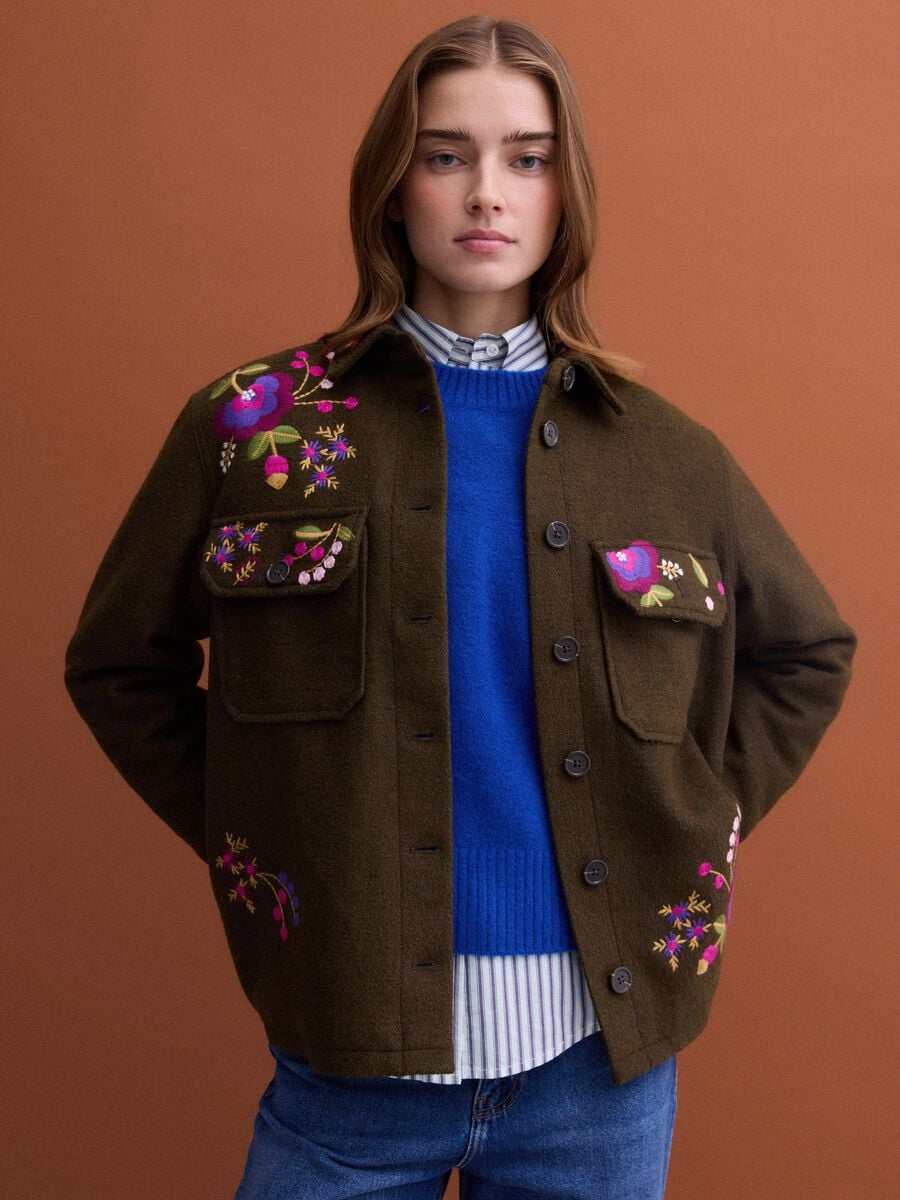 Brown wool-blend blazer with floral embroidery_1