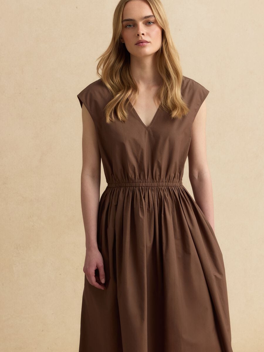 Brown pure cotton regular-fit dress with embroidery and V-neck_2