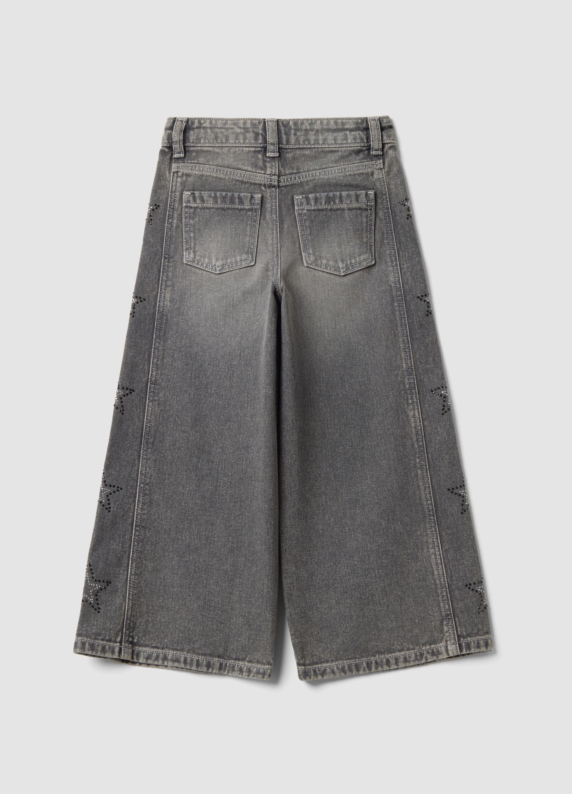 Jeans cinzentos wide leg em algod&atilde;o puro com estrelas para menina