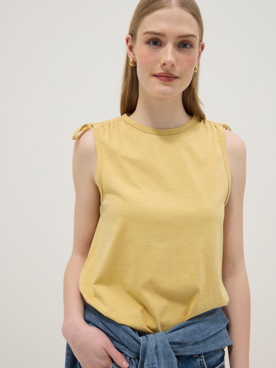 Yellow pure cotton tank top with shoulder ties_0