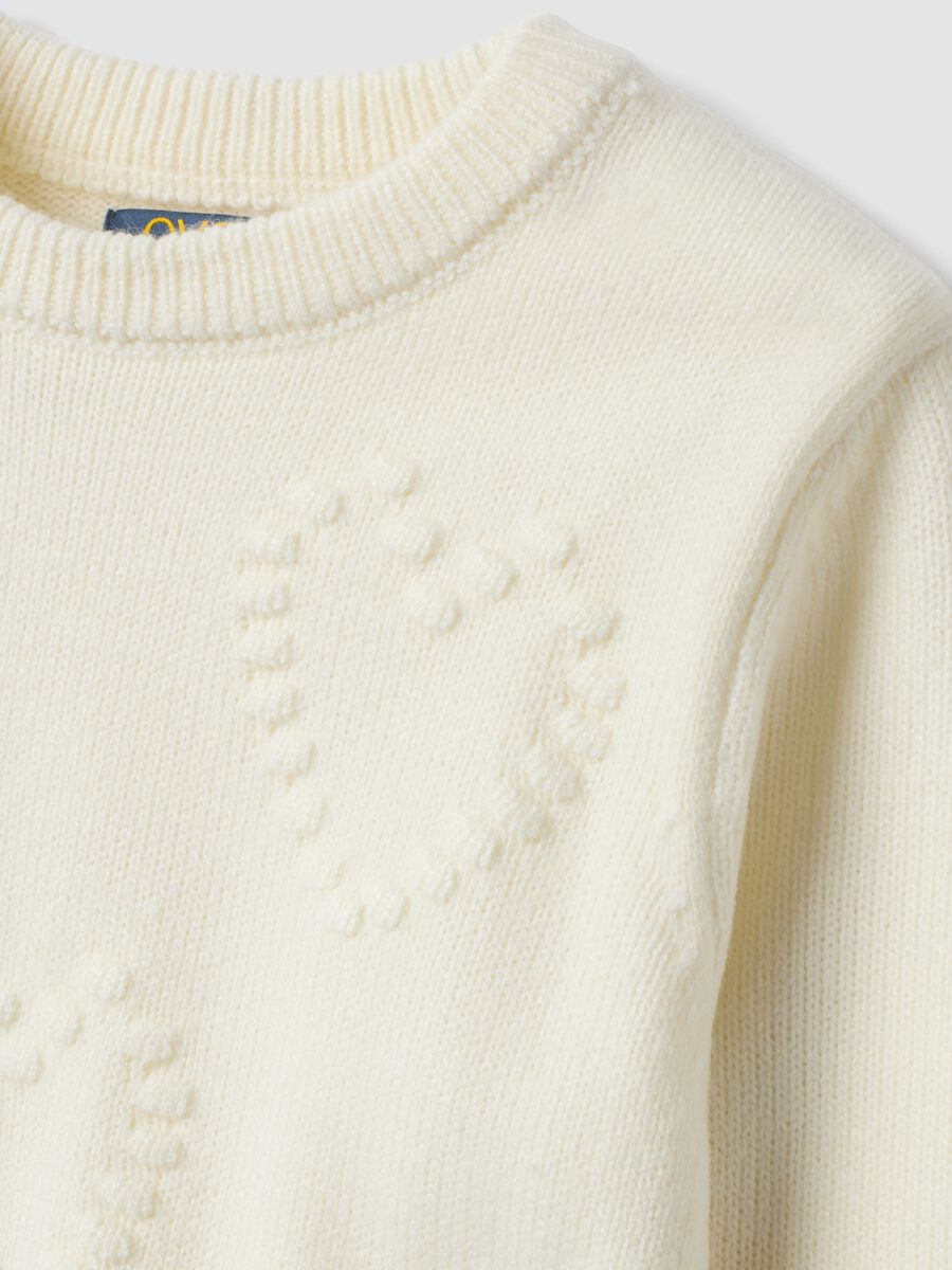 White crew-neck jumper with raised hearts, regular fit, for girls_2