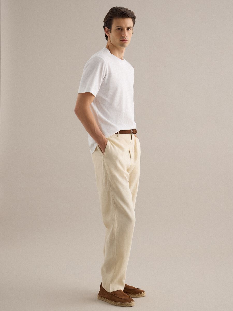 White regular fit linen and cotton blend T-shirt_0