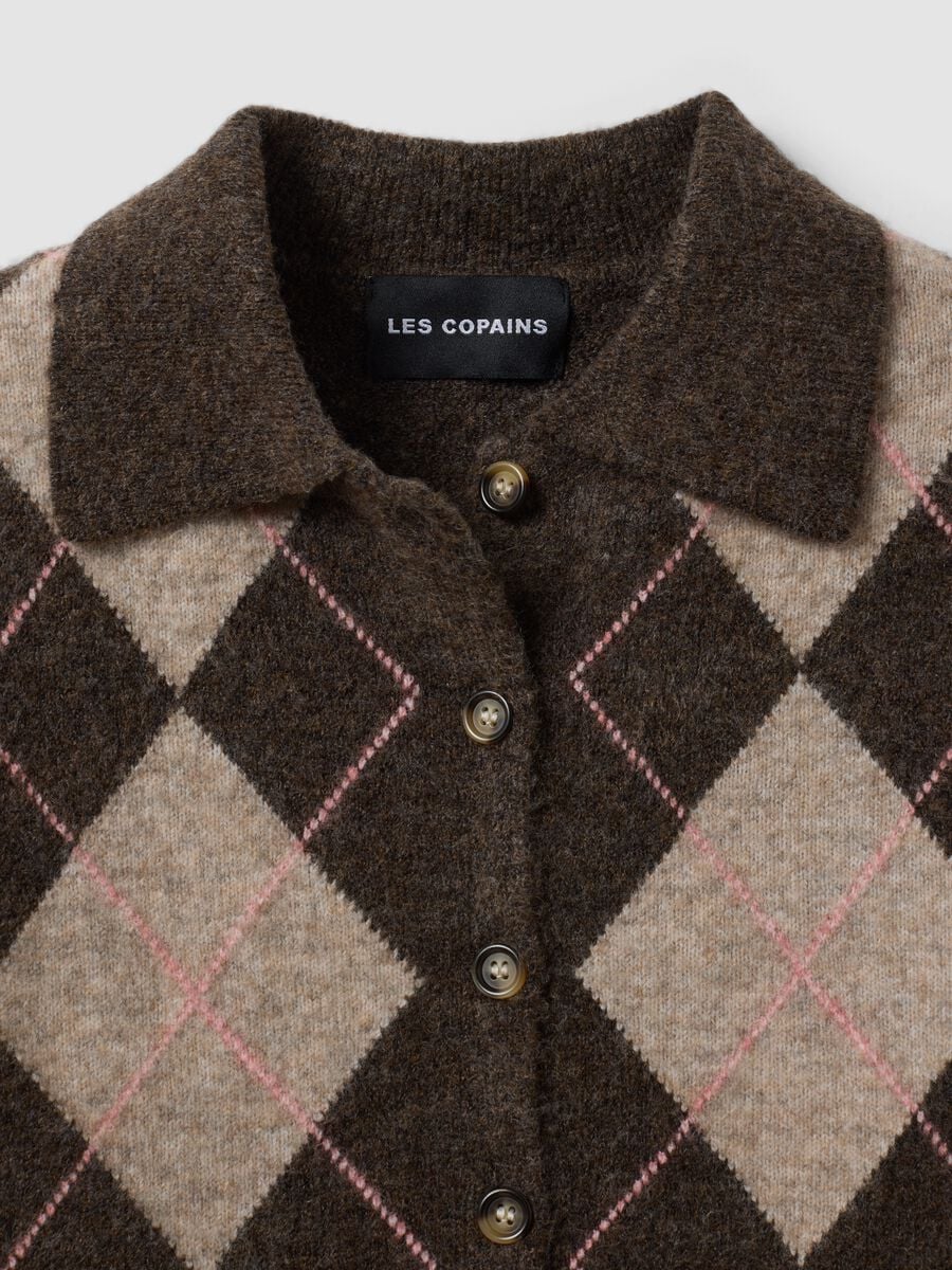 Cardigan marrone in lana elasticizzata con collo polo regular fit_1