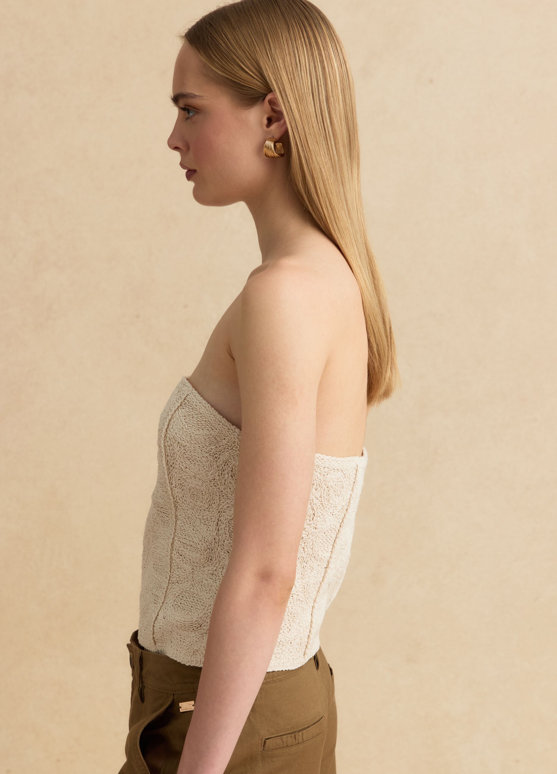 Beige strapless cotton-blend top, regular fit with textured knit