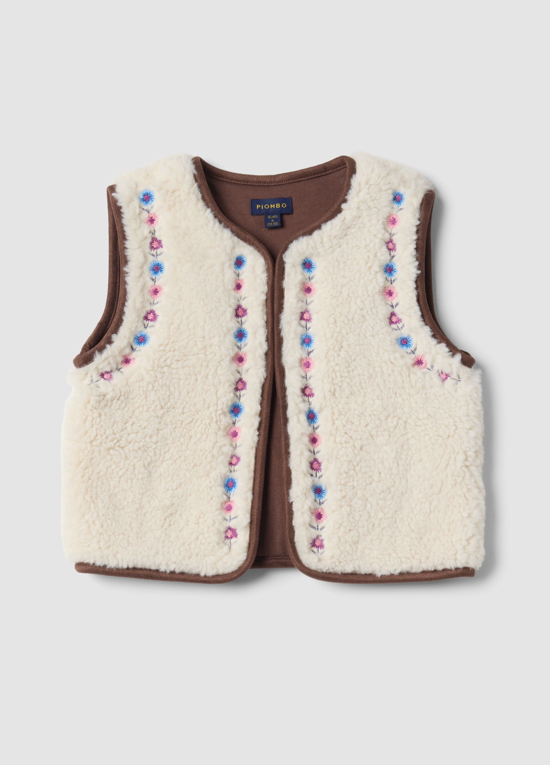 White crew-neck gilet with floral embroidery, regular fit