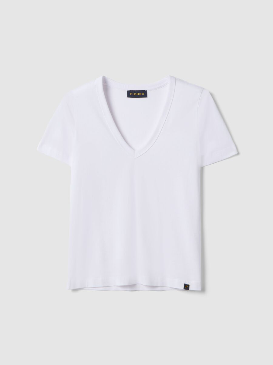 White pure cotton T-shirt regular fit deep V_0