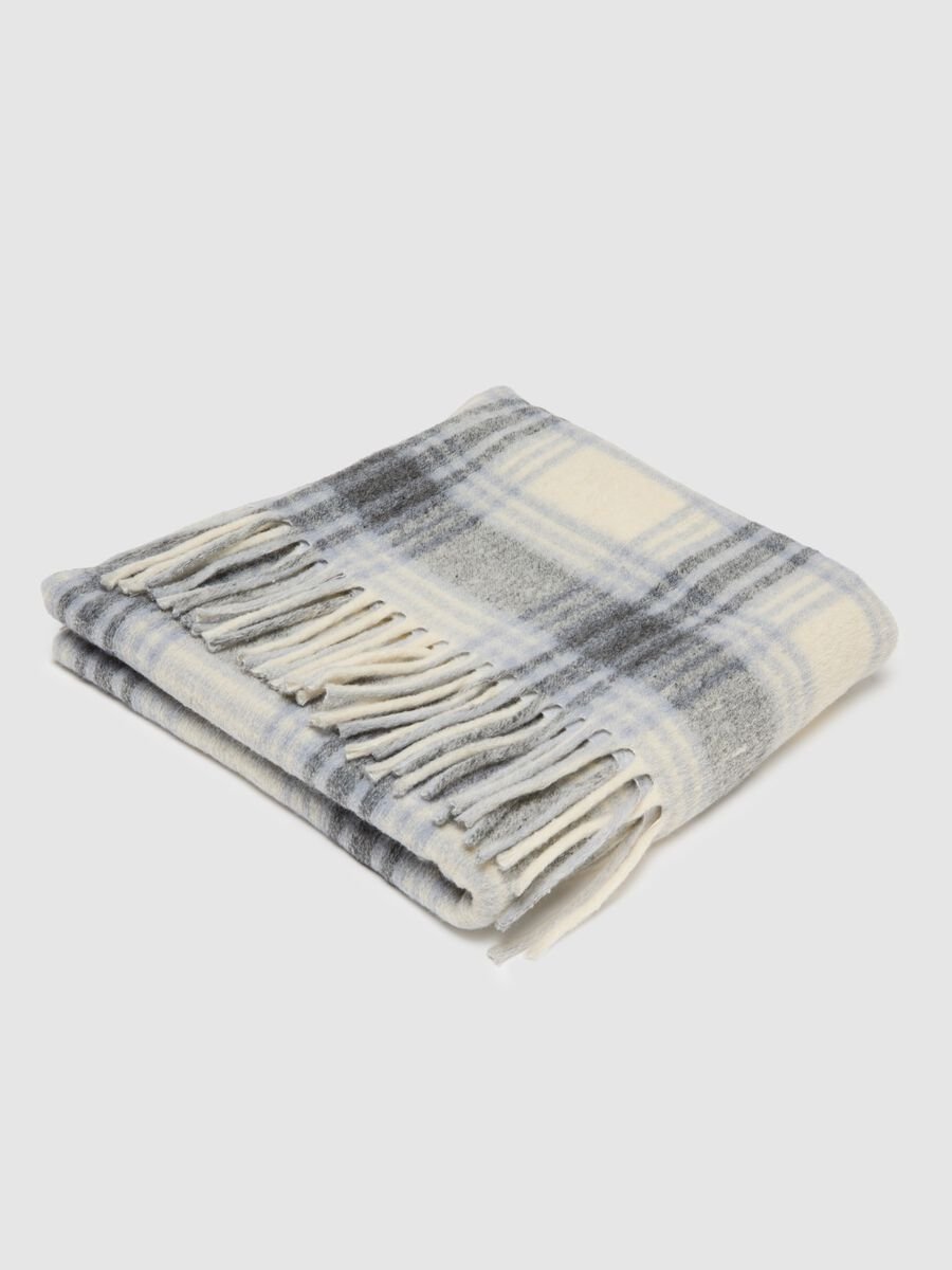 Manta de l&atilde; mista aos quadrados multicolorida com franjas_0