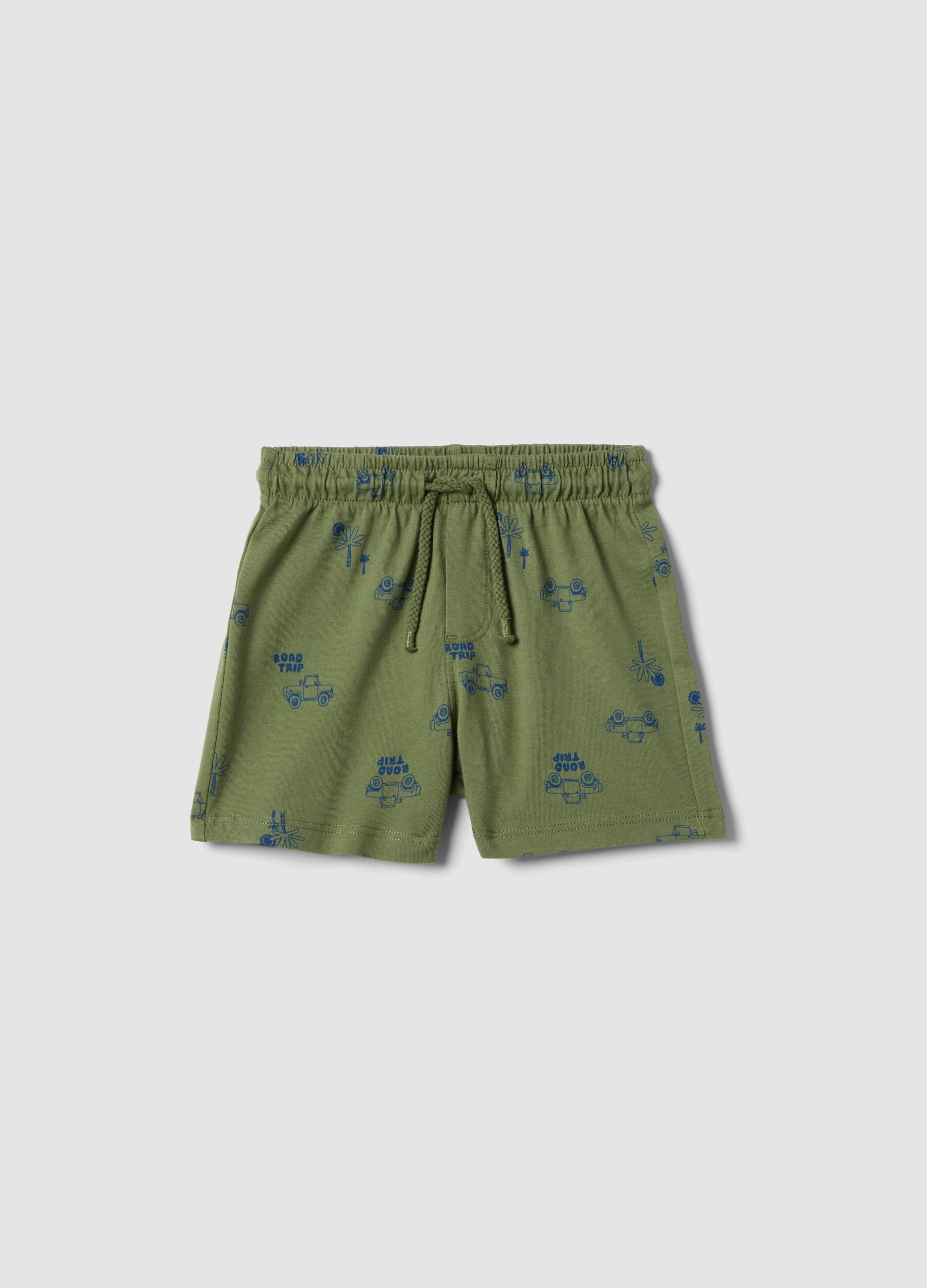 Green pure cotton shorts for children regular fit with prints