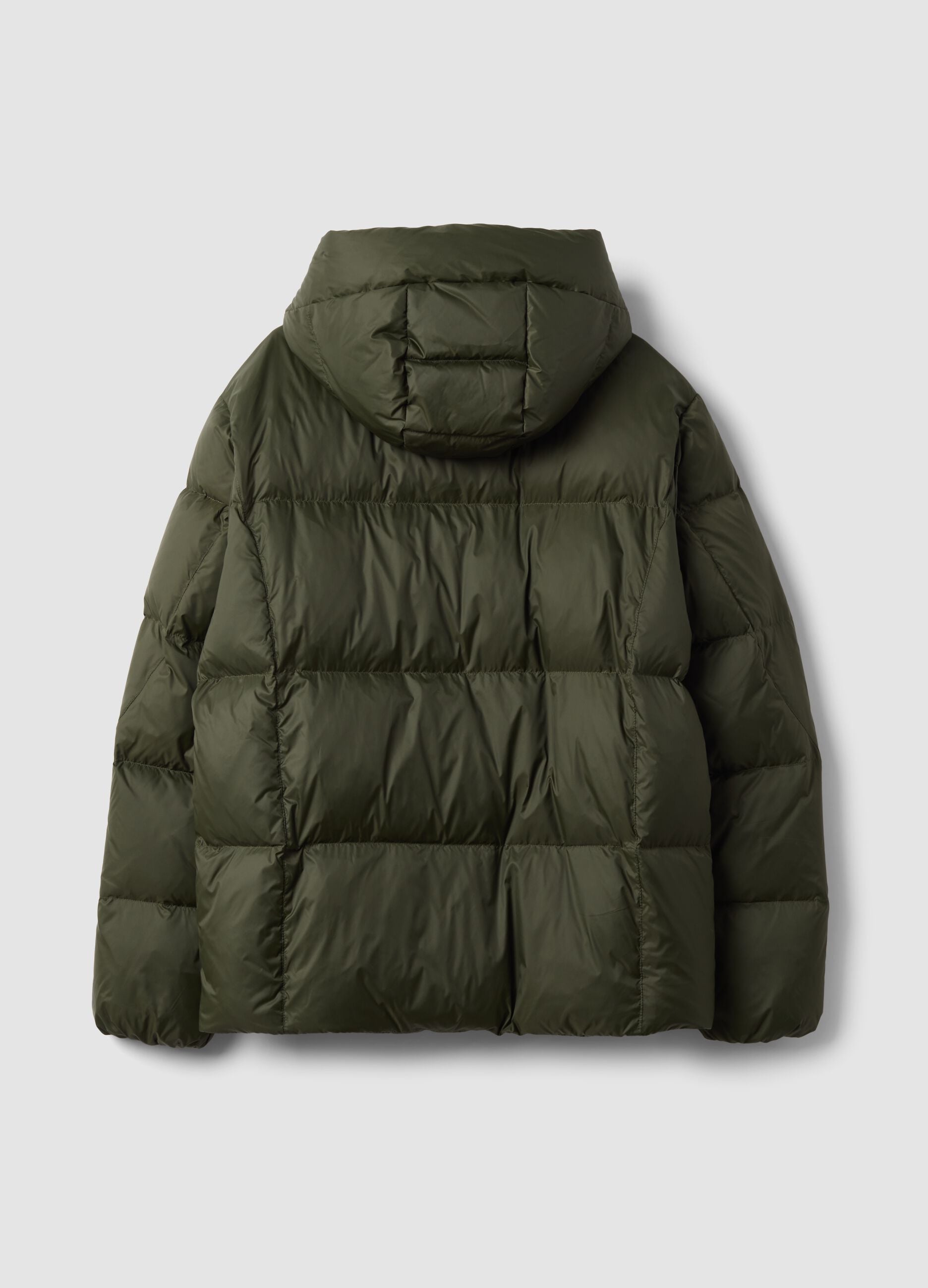 Green puffer jacket with recycled down filling, hood and zip, regular fit