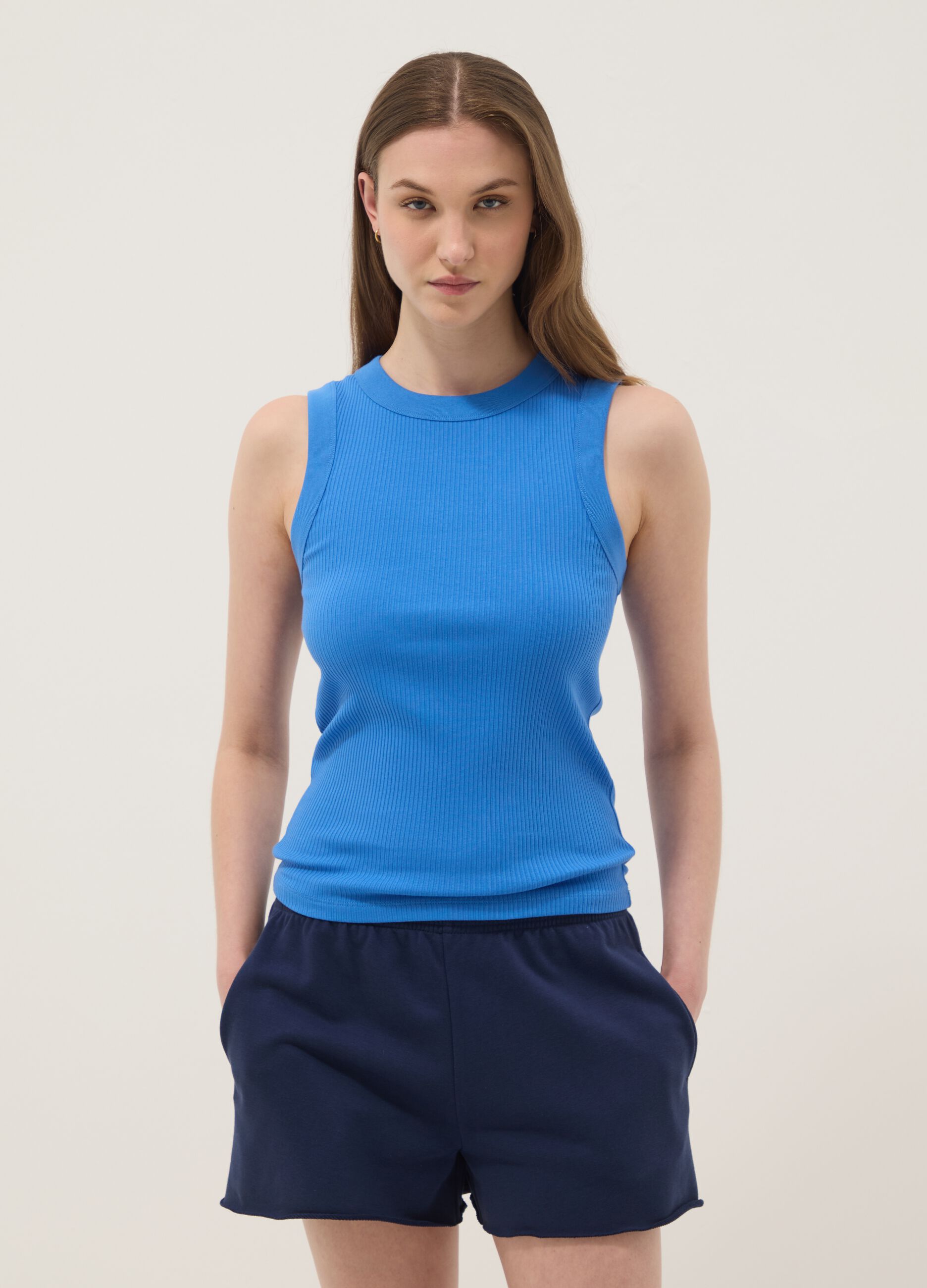 Blue fitted ribbed stretch-cotton tank top