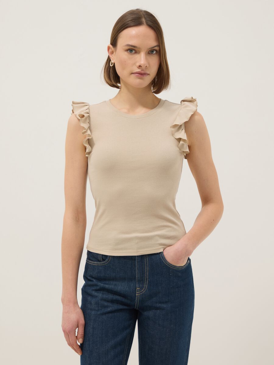 Beige slim fit pure cotton t-shirt with ruffles_0