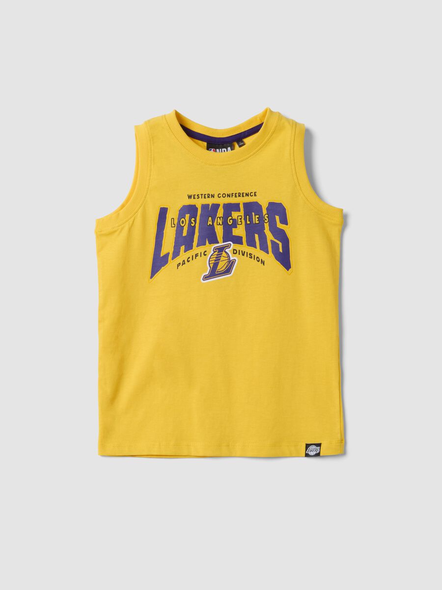 Yellow pure cotton vest top with sporty print_0