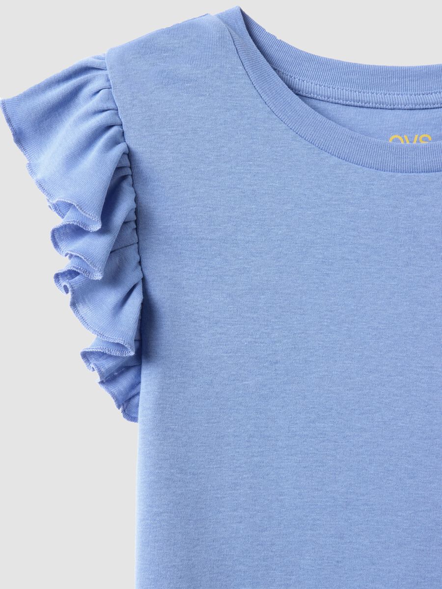Sky blue slim fit pure cotton T-shirt with ruffles_5