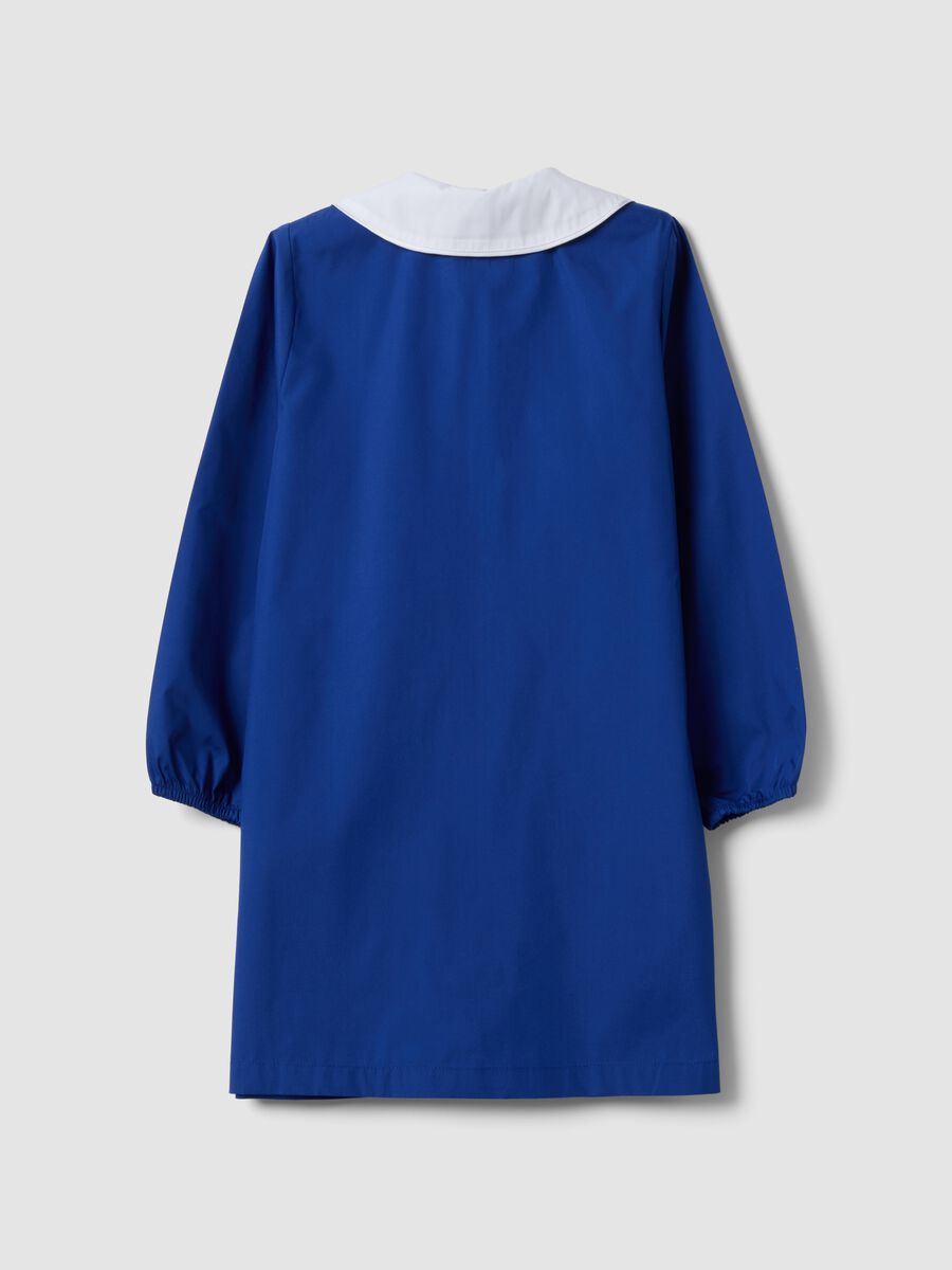 Blue girls&rsquo; school apron with rhinestone details and floral embroidery_1