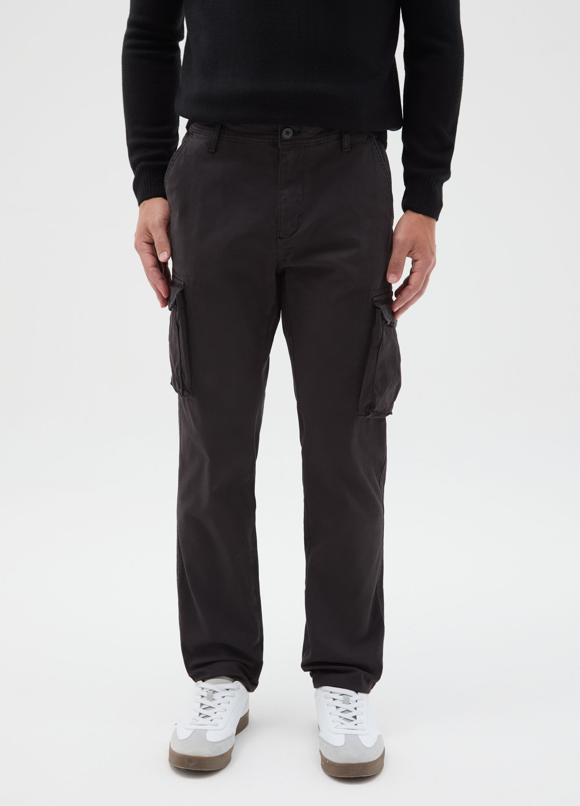 Black Stretch Cotton Slim Fit Cargo Trousers