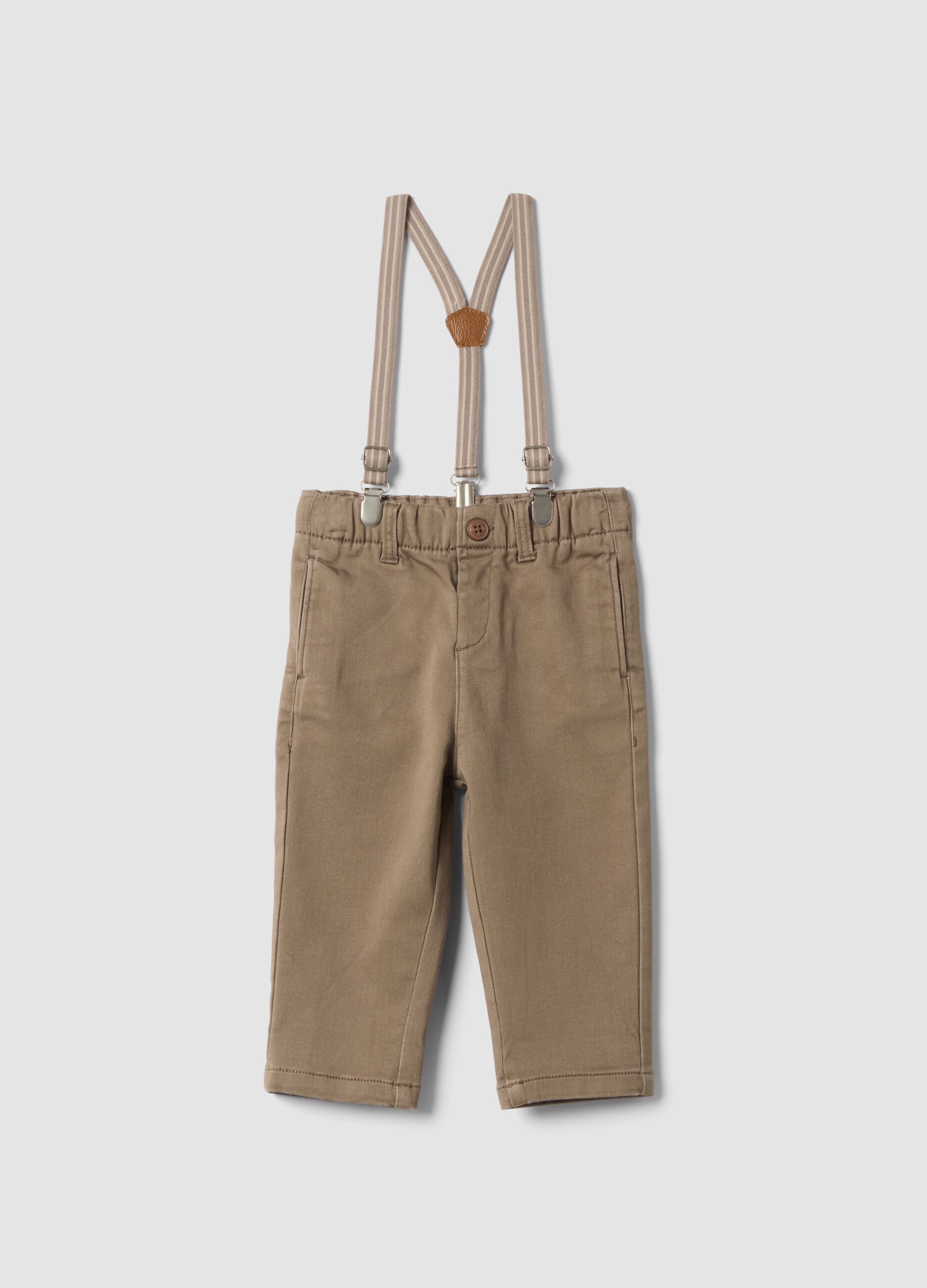 Beige stretch cotton trousers with braces, regular fit