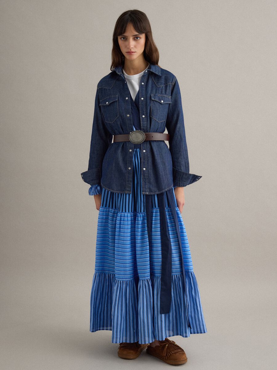 Multicolour striped pure cotton dress with regular fit and V-neck_1