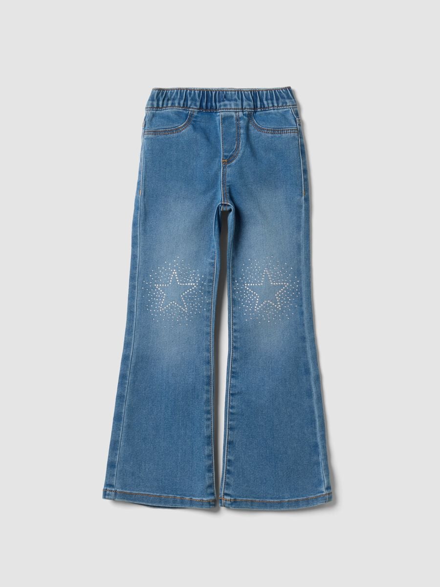 Jeggings denim in cotone elasticizzato a zampa con strass per bambina_0