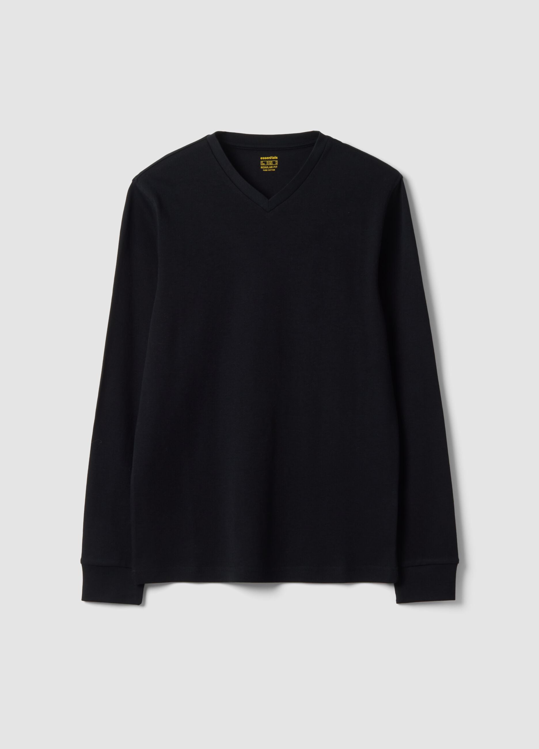 Black pure cotton V-neck T-shirt, regular fit