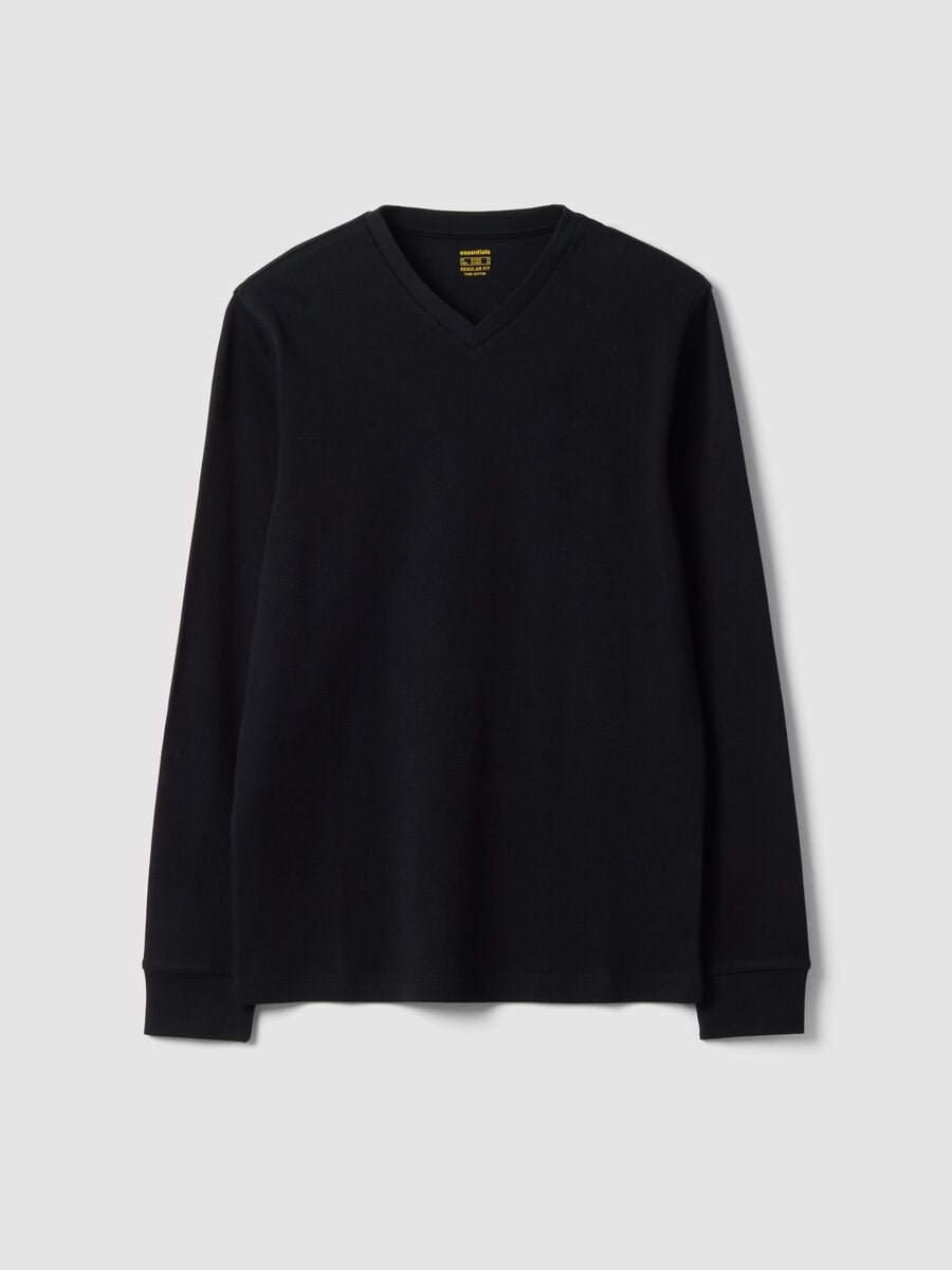 Black pure cotton V-neck T-shirt, regular fit_0