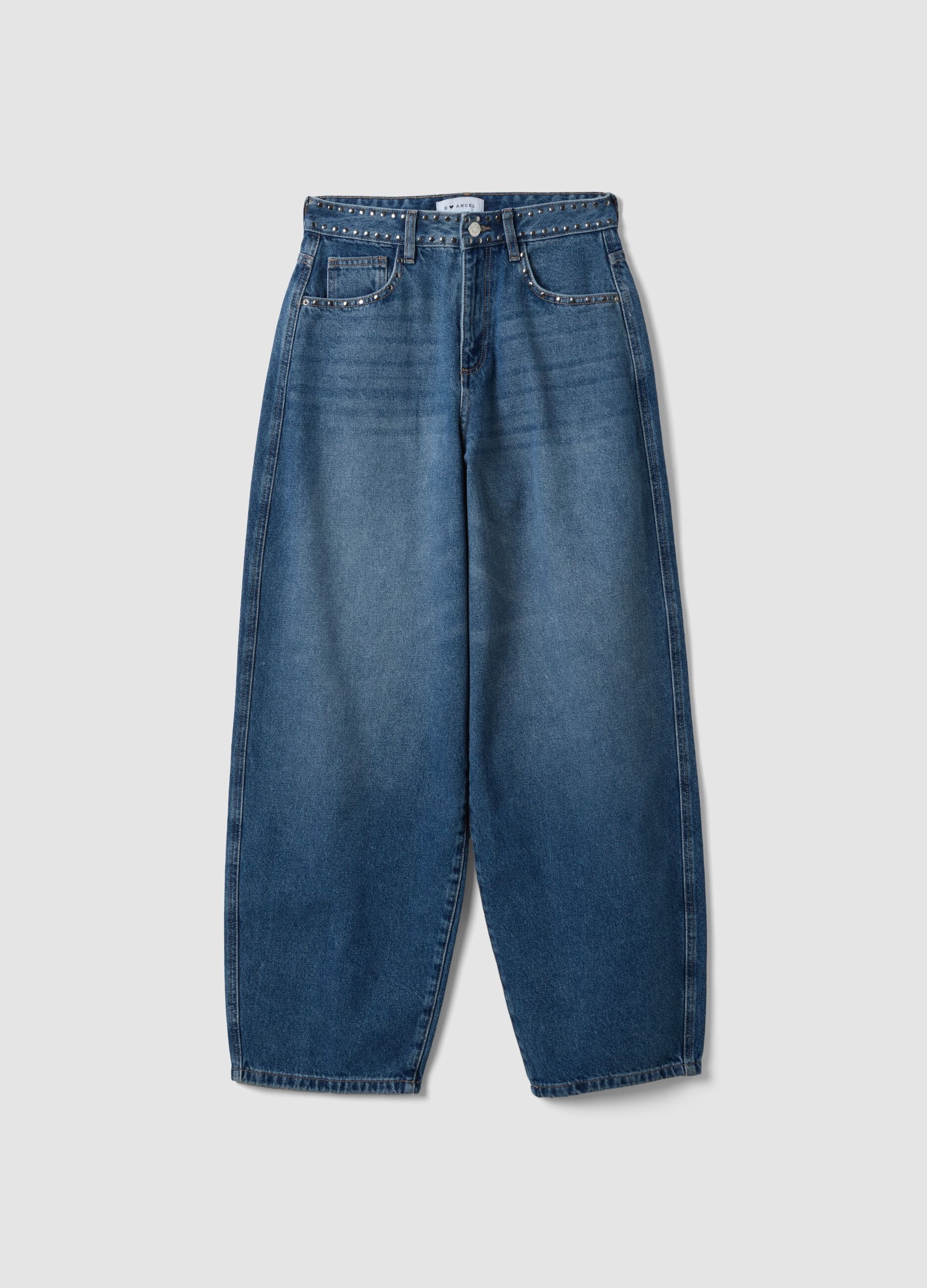 Blue pure-cotton skater-fit jeans with rhinestones